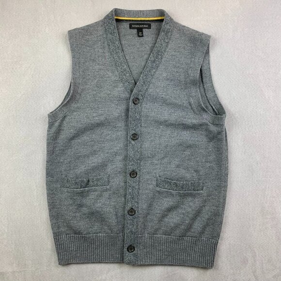 Banana Republic Mens Sweater Vest Small Gray Sleeveless Cardigan Merino Wool - Picture 1 of 6